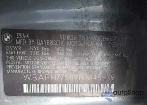 2009 BMW 328 from USA, damaged, VIN WBAPH77589NM45939